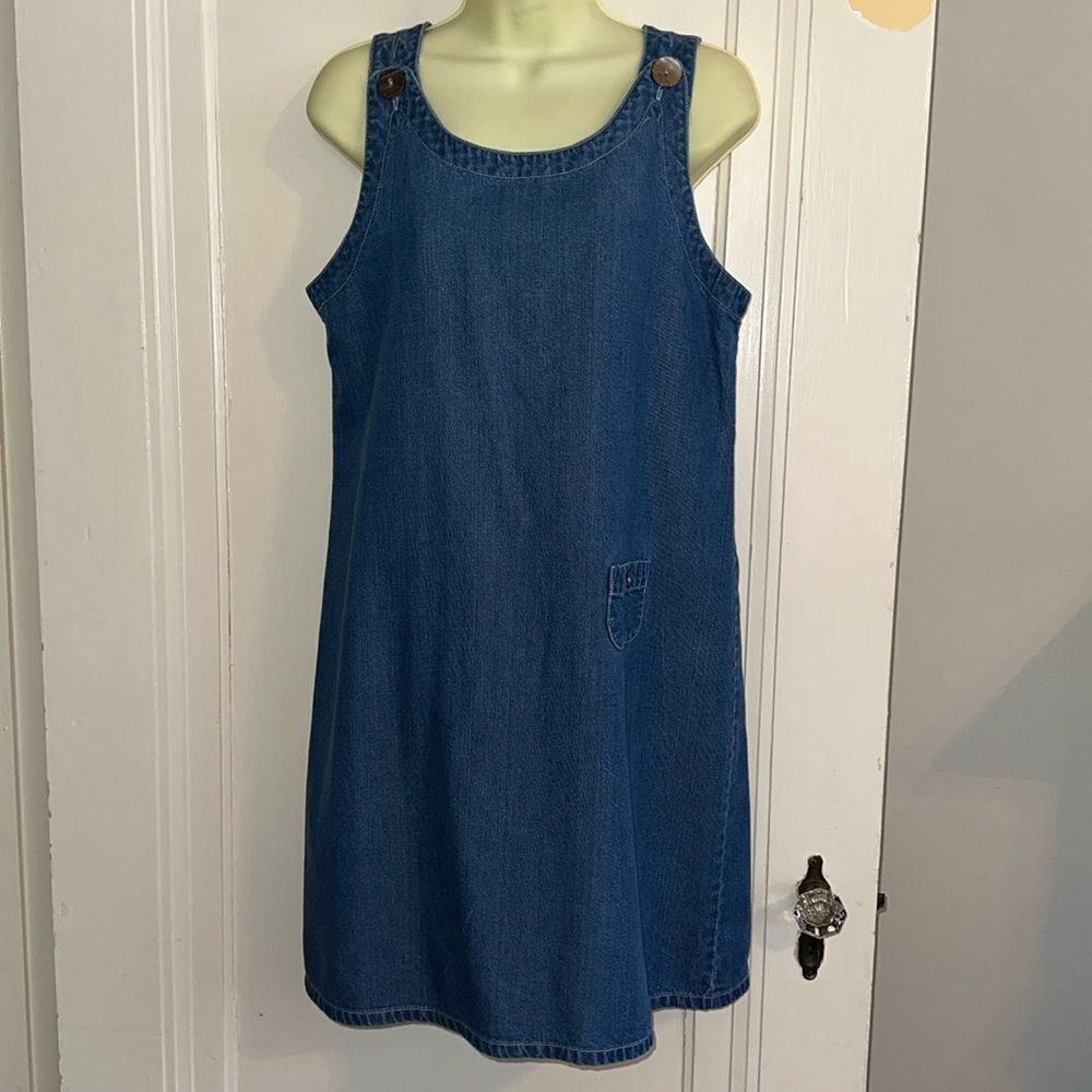 Vintage 90s Ivy Living blue denim cotton tank overall shift dress‎